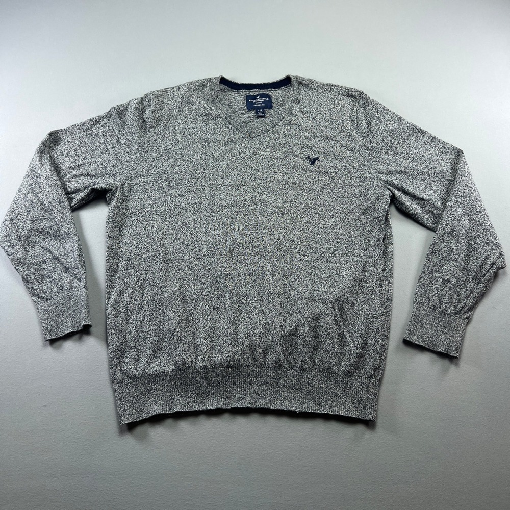 American Eagle Outfitters Sweater Men L Gray Marled Knit Classic Fit Ribbed Trim